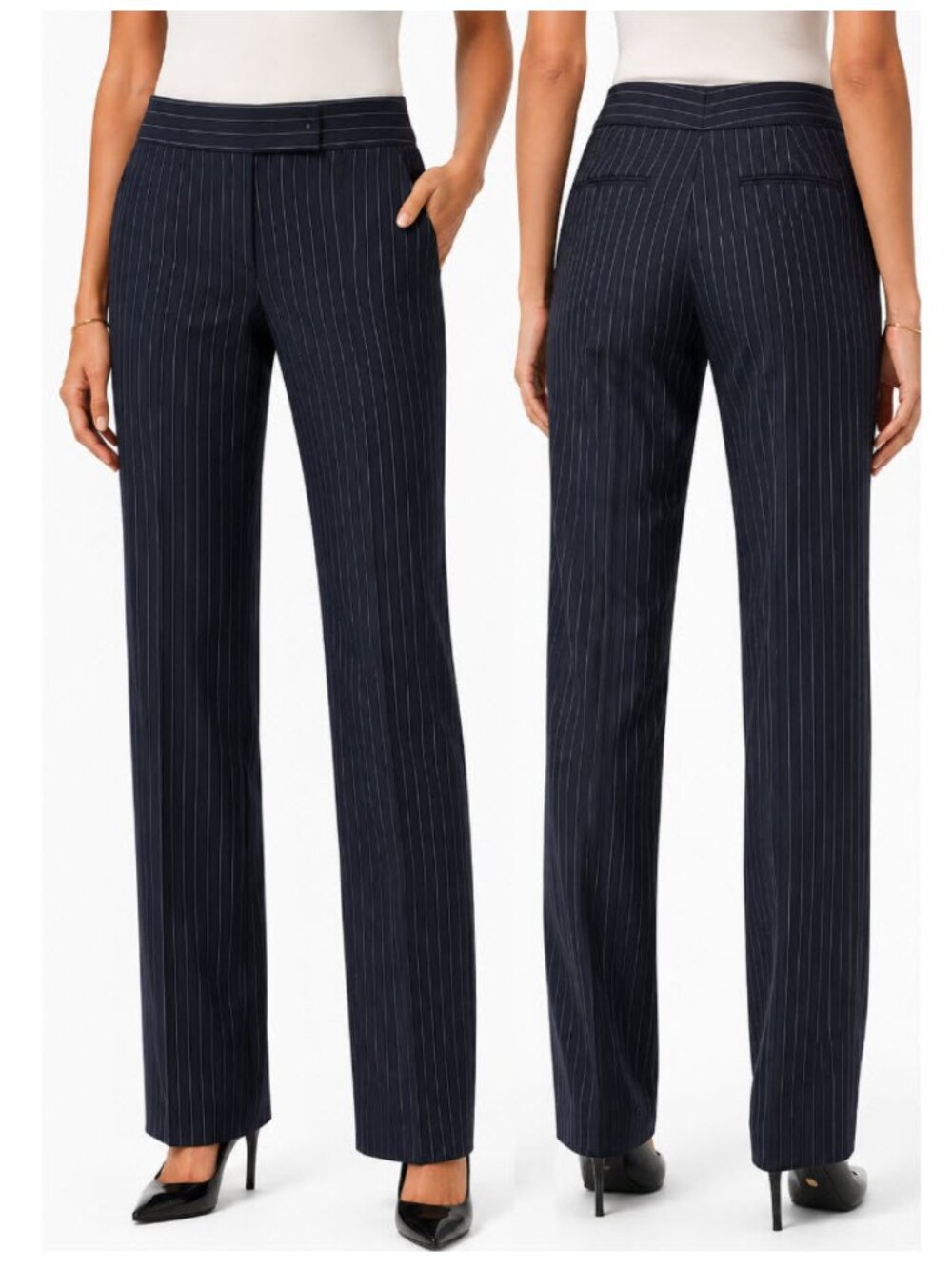 BOSS Navy White Pinstripe Wool Linen Straight Leg Trousers Size 8